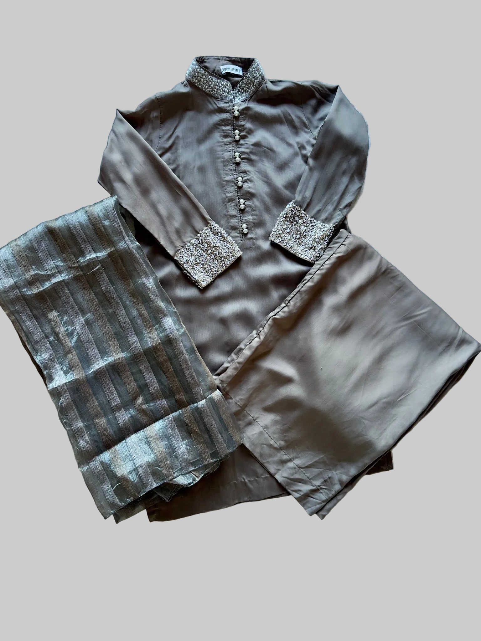 Premium RUHKÉ mocha kurta set in viscose silk with detailed hand embroidery 