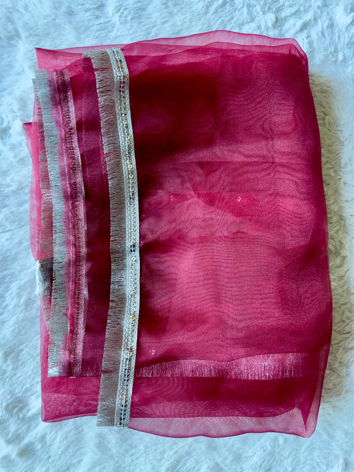 Modest luxury red viscose silk outfit with organza dupatta and intricate handwork organza dubata