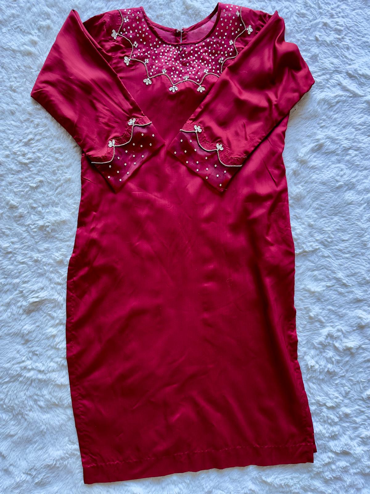 Luxury festive red viscose silk long shirt with detailed handwork and organza dupatta