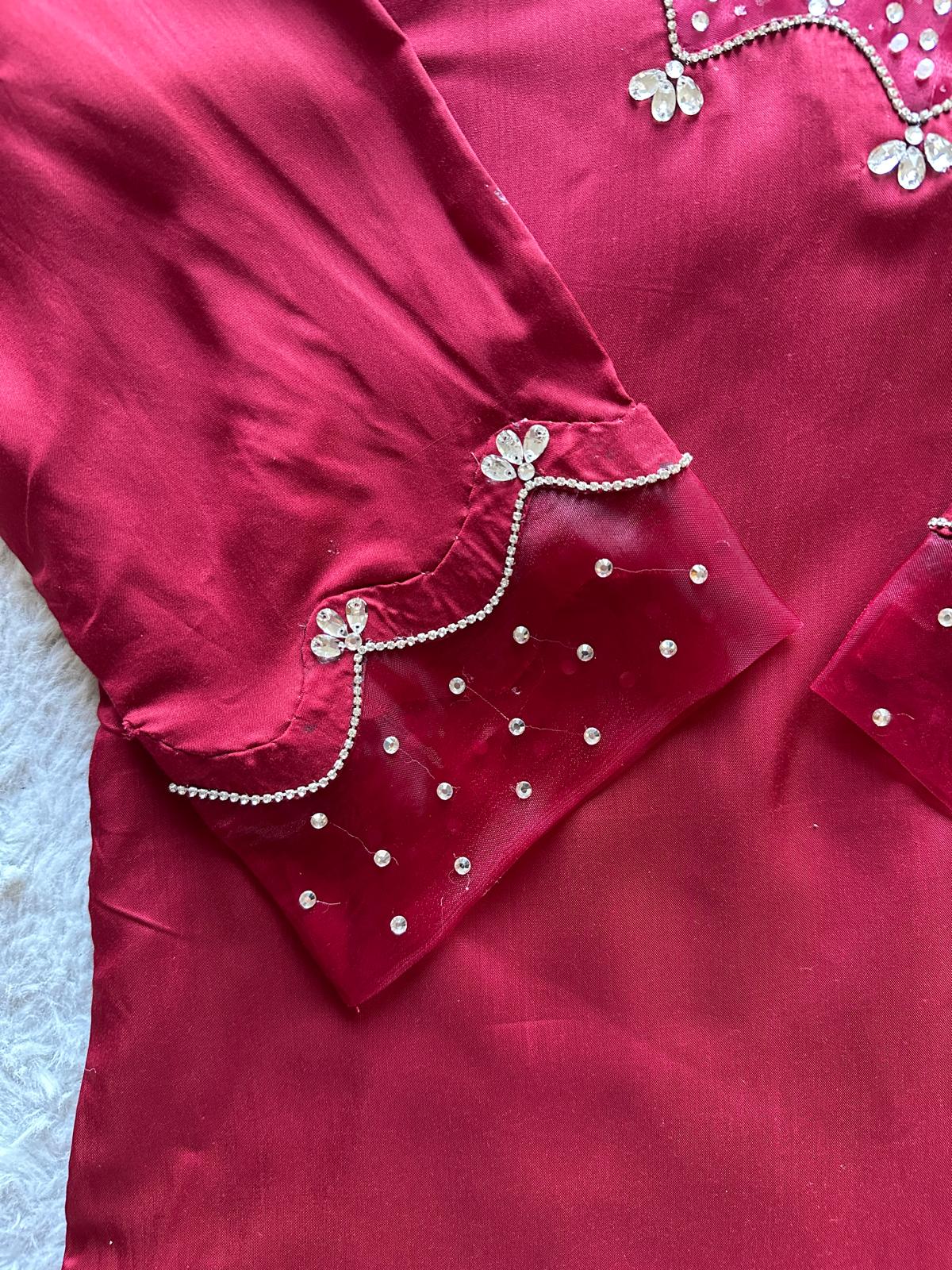 Elegant red hand-embroidered viscose silk shirt paired with sheer organza dupatta zoom sleaves 