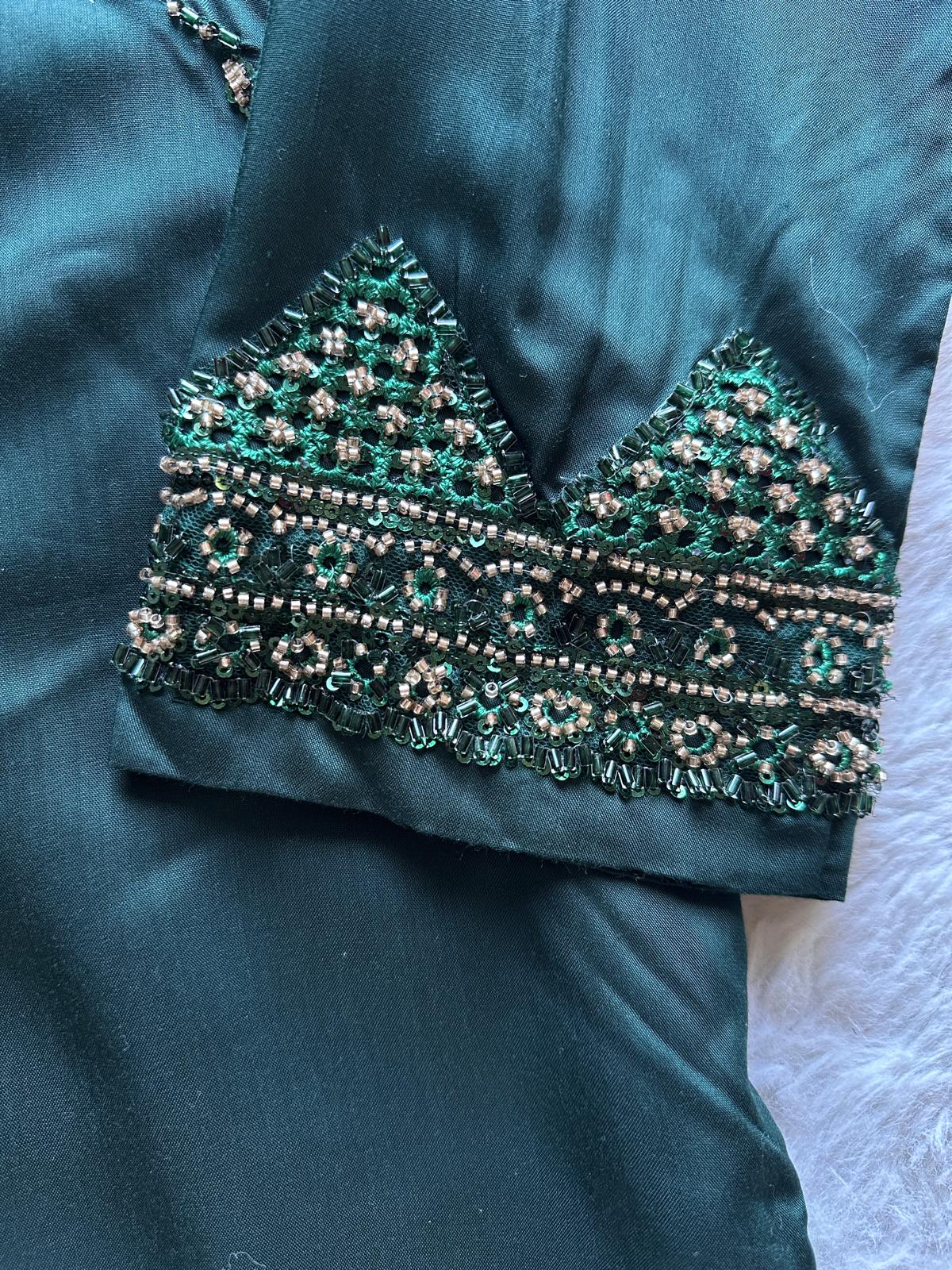 modest emerald green eid outfit with embellished sleeves