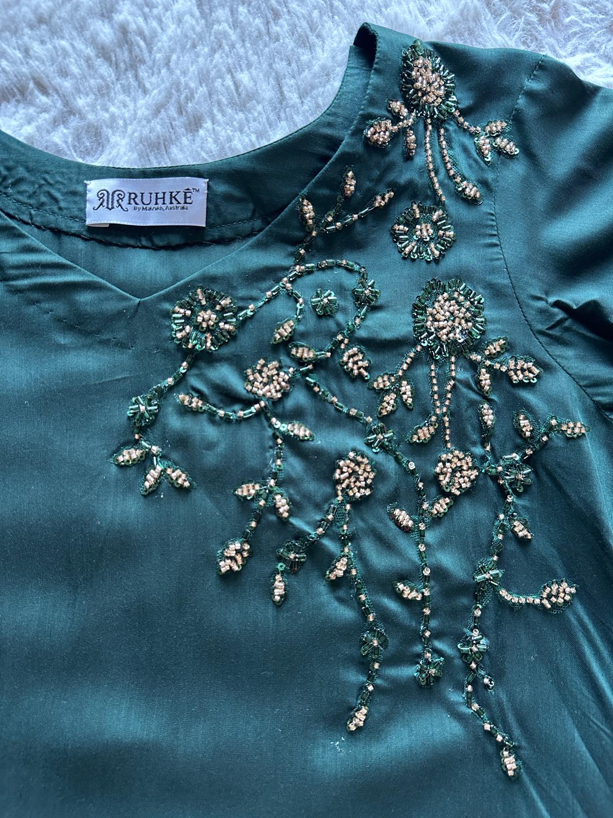 modest emerald green eid outfit with embellished neck