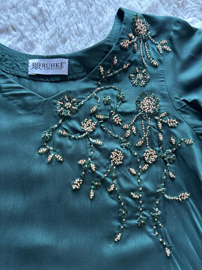 modest emerald green eid outfit with embellished neck