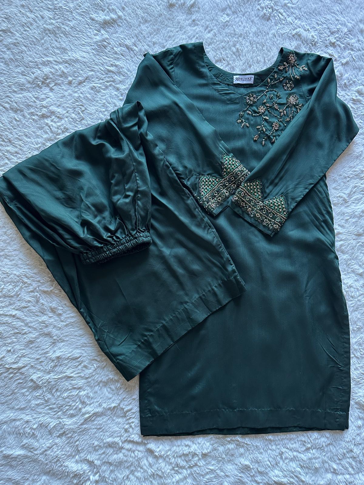 luxury pakistani emerald suit with organza kiran dupatta flat lay