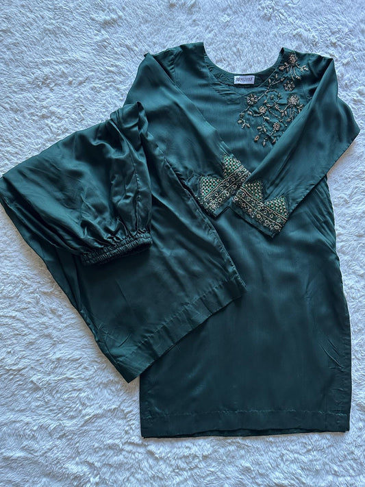 luxury pakistani emerald suit with organza kiran dupatta flat lay