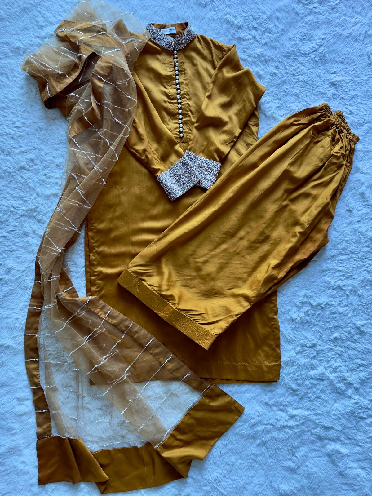 Pakistani Eid outfit with viscose silk kurta and wide leg trouser set