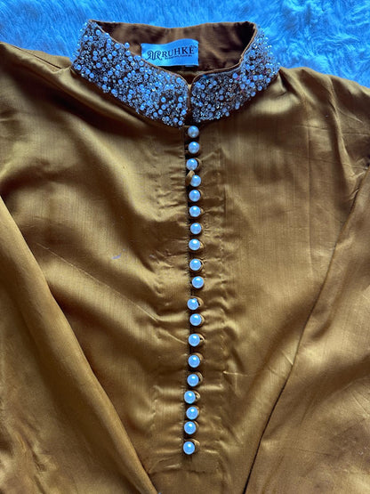 Designer viscose silk kurta set with pearl work and wide trousers