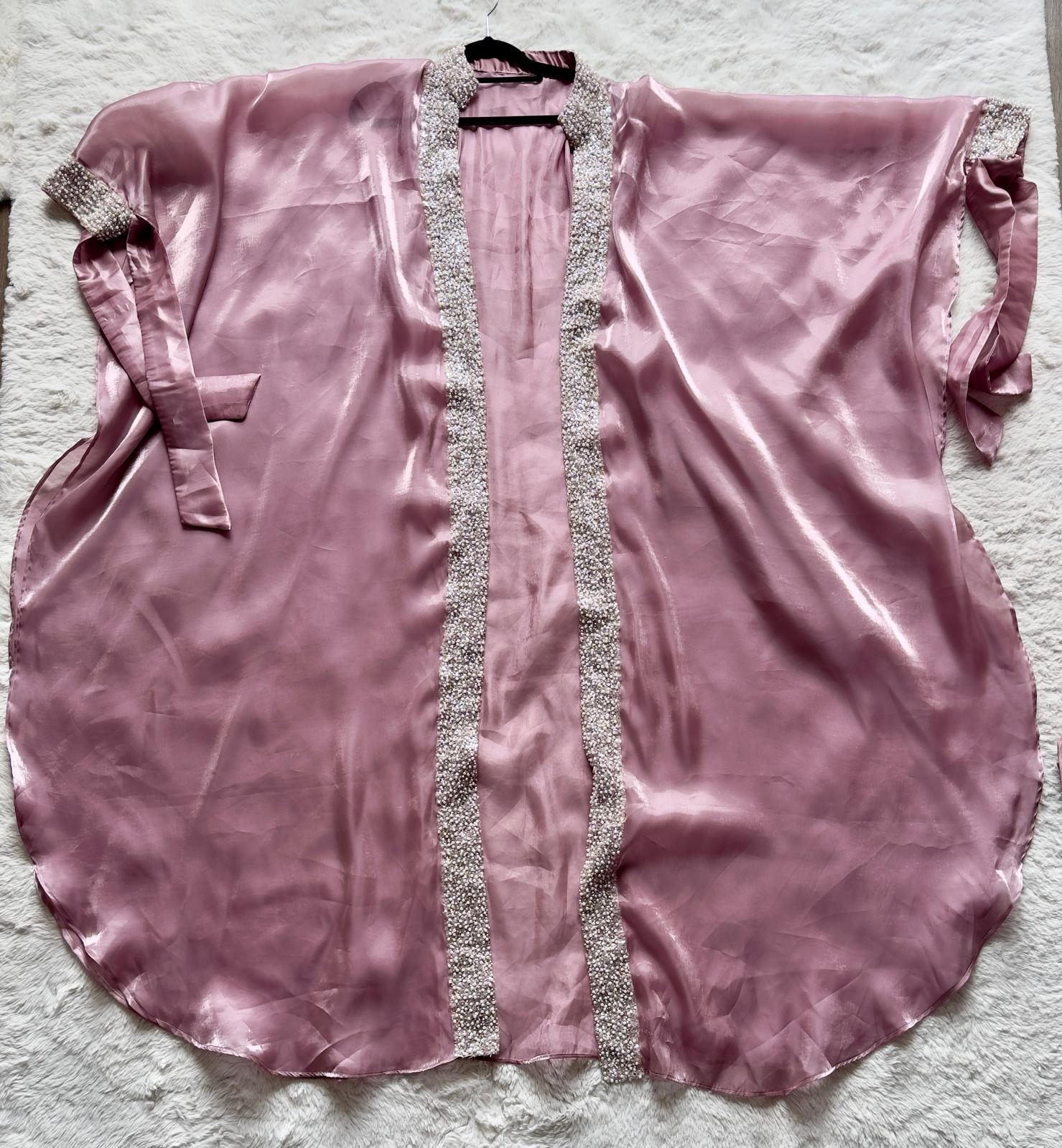 Elegant pearl embellished dusty lavender modest abaya set Flat lay