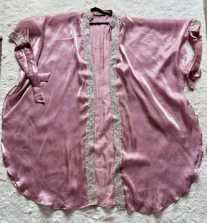 Elegant pearl embellished dusty lavender modest abaya set Flat lay