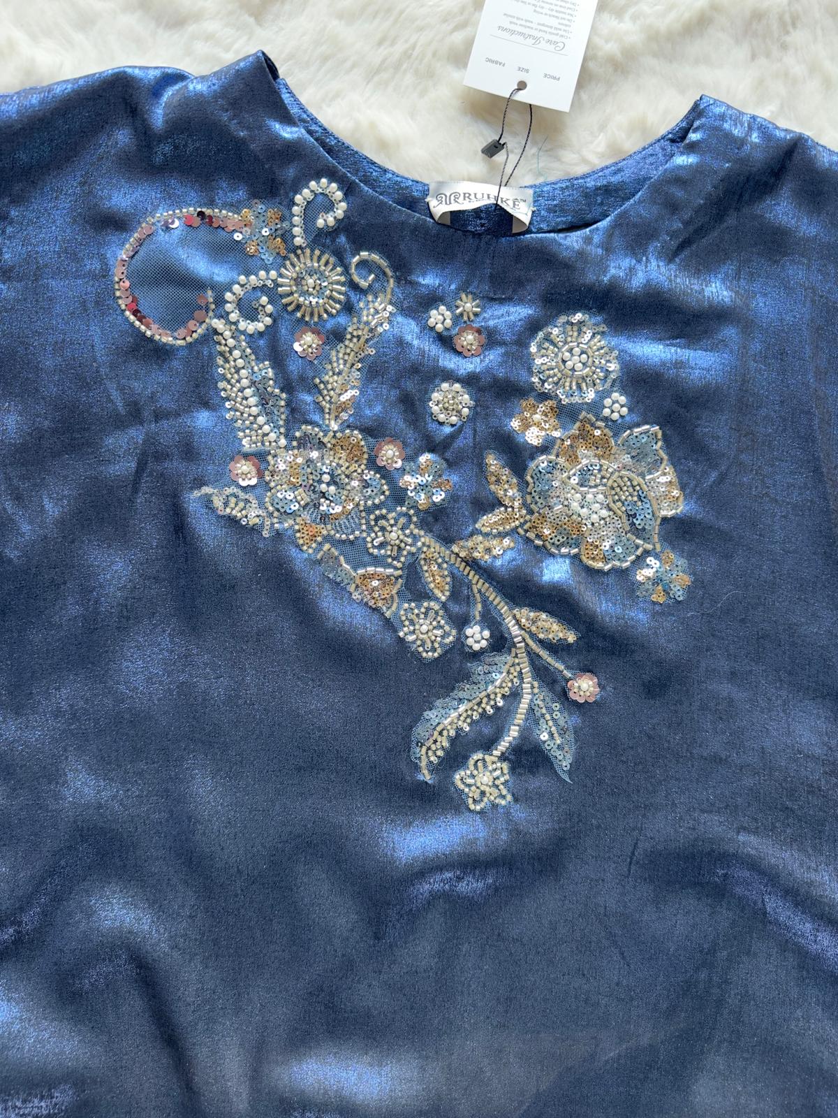 Elegant blue velvet silk abaya featuring detailed katka work