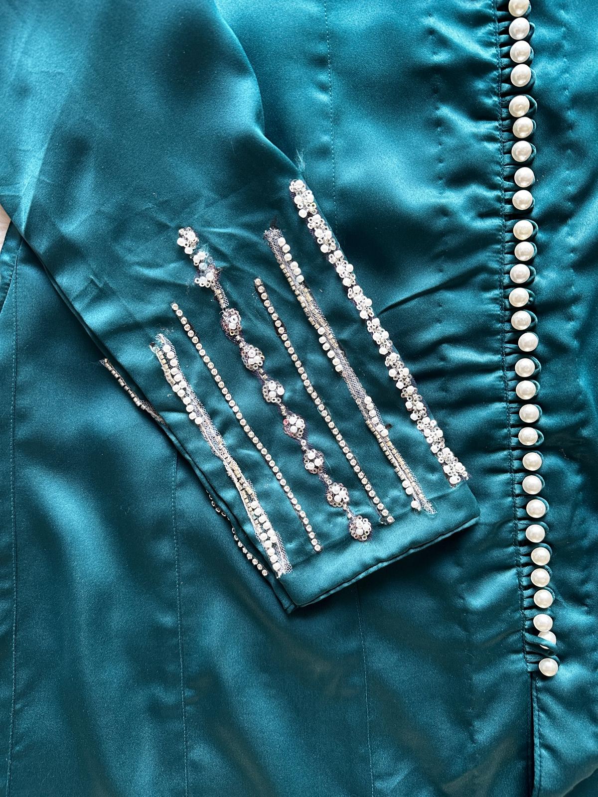 modest teal eid outfit with open front design sleaves