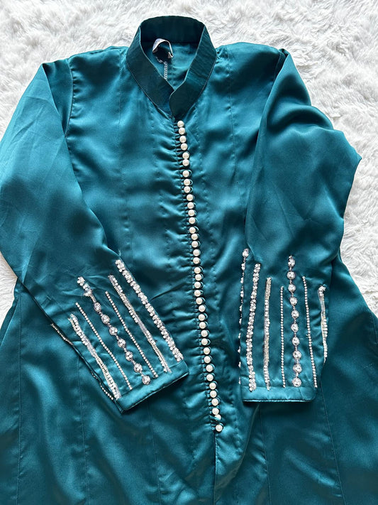 luxury teal 3pc silk frock with pearl buttons
