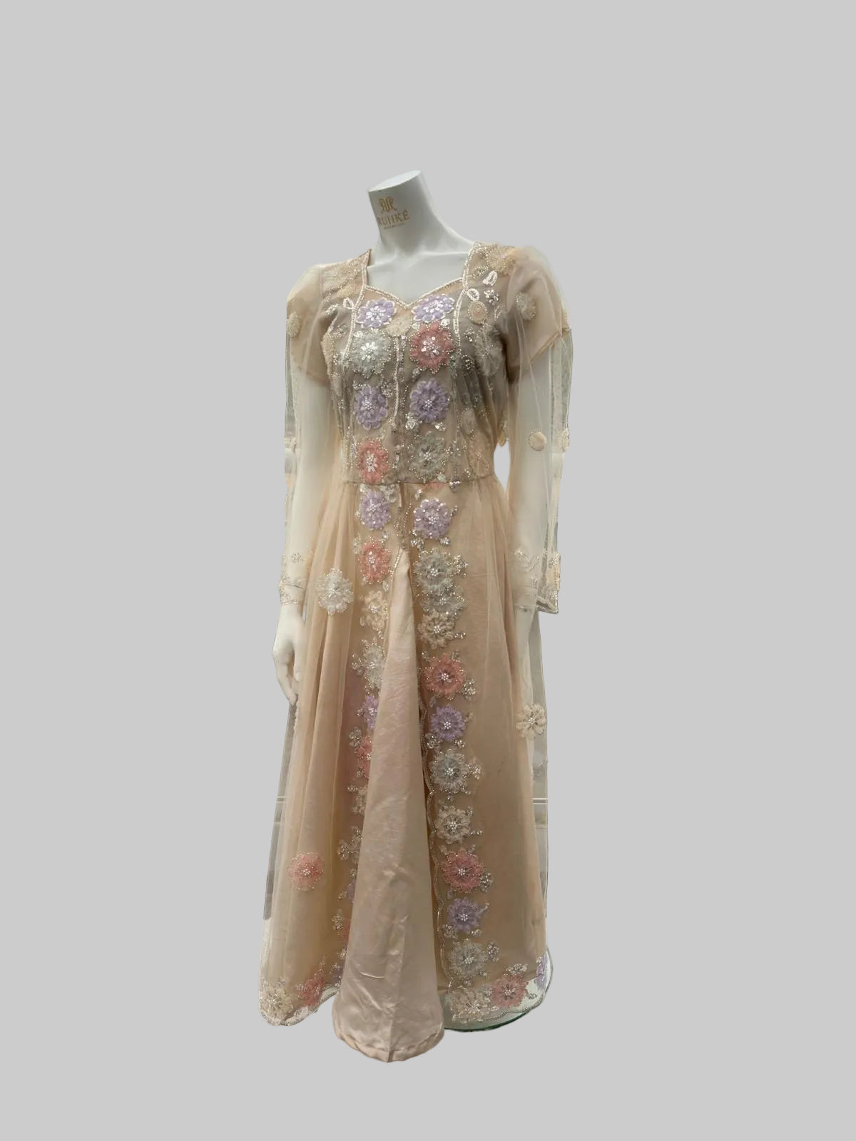 Beige formal dress with sequin, glass bead and 3D net flower embroidery