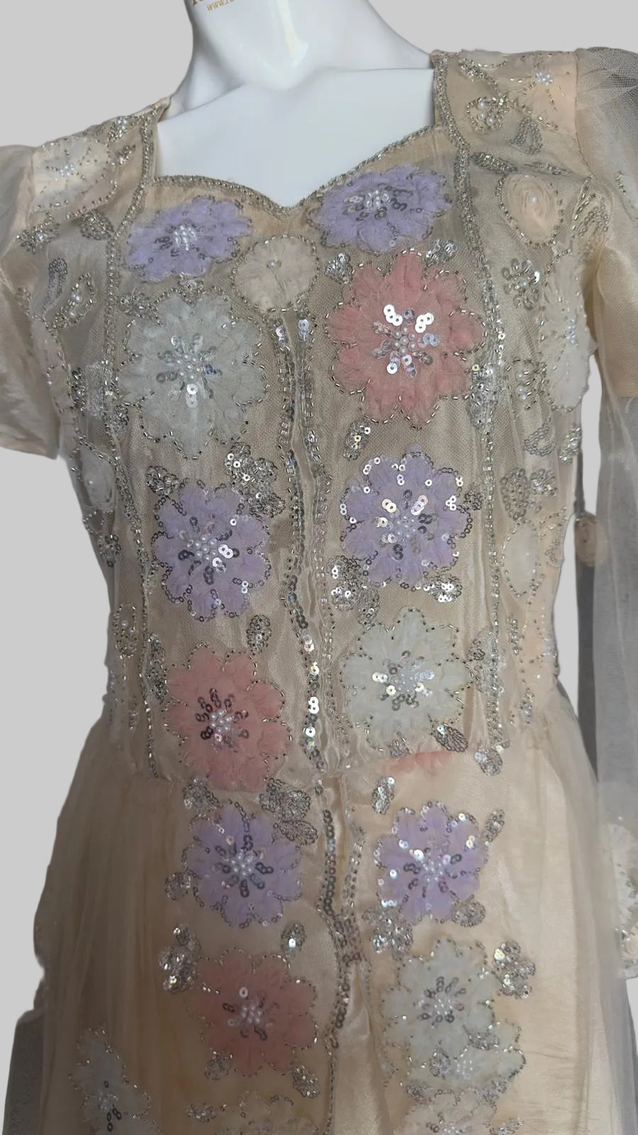 Beige formal dress with sequin, glass bead and 3D net flower embroidery