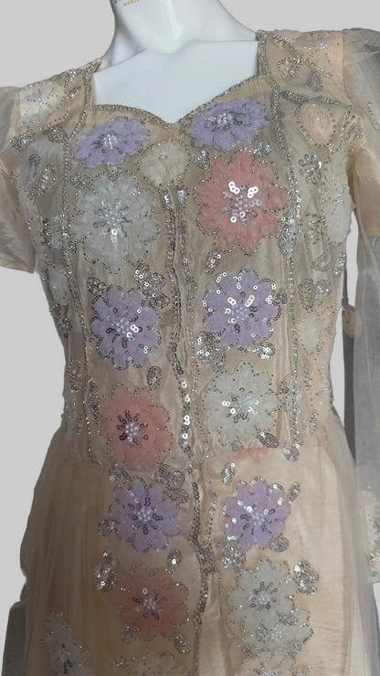Beige formal dress with sequin, glass bead and 3D net flower embroidery