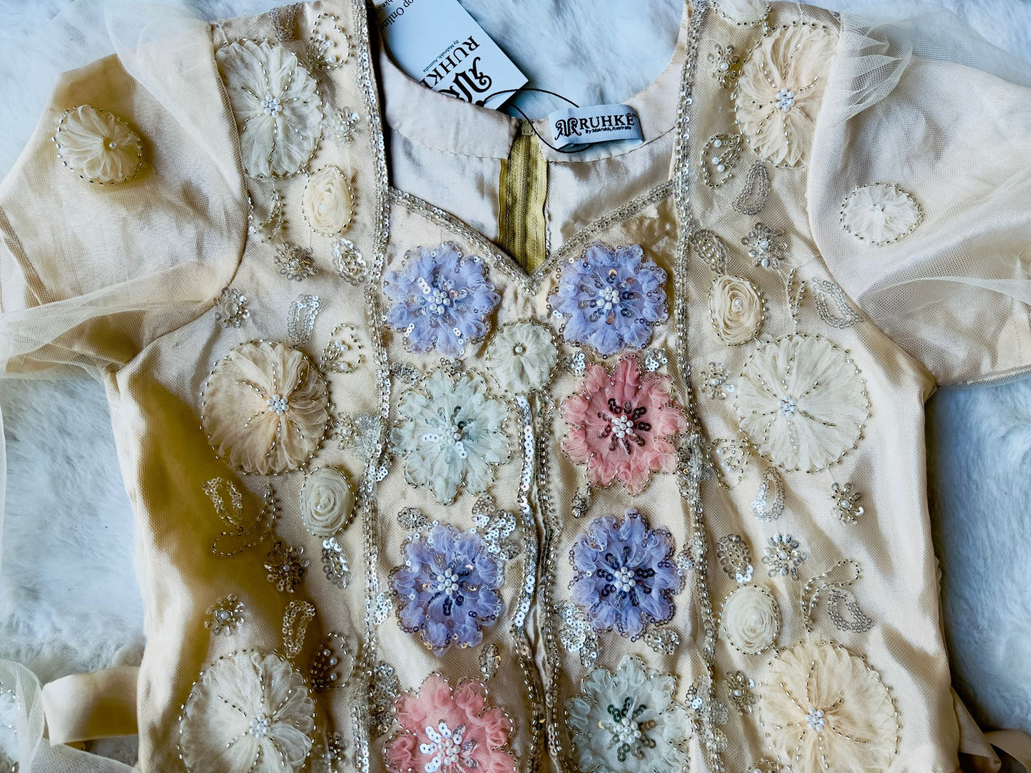 RUHKÉ luxury beige floral embellished dress for Ramadan and festive wear