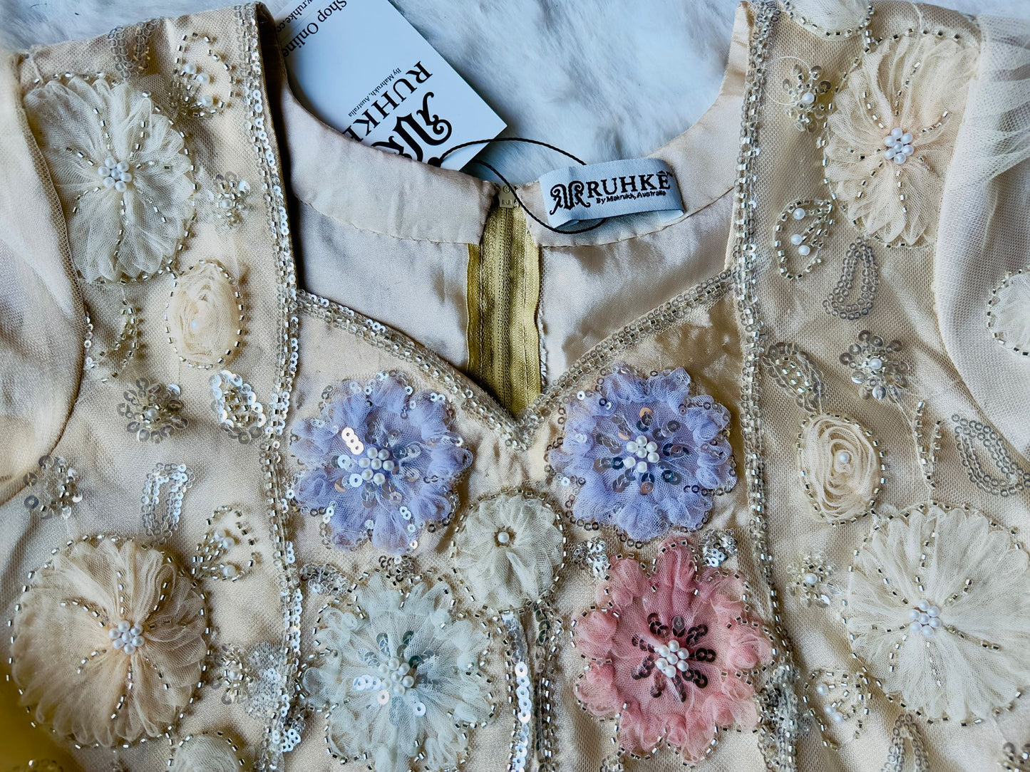 Beige formal dress with sequin, glass bead and 3D net flower embroidery Zoom