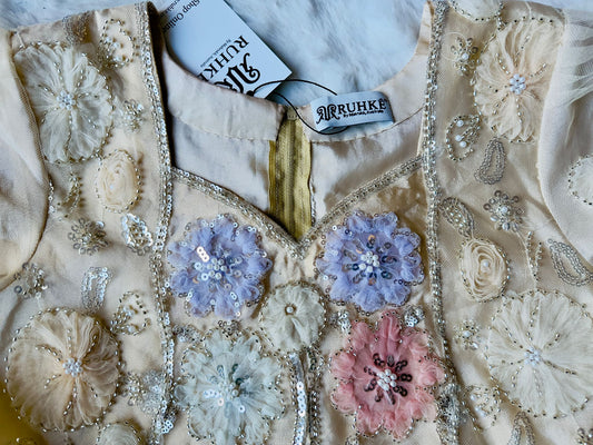 Beige formal dress with sequin, glass bead and 3D net flower embroidery Zoom