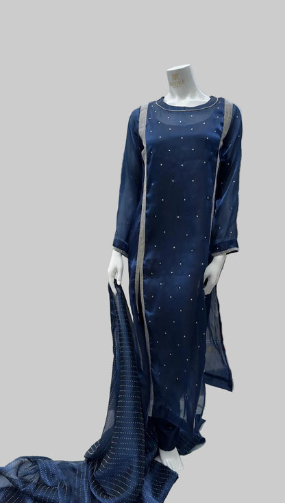 Luxury midnight sapphire 3PC sheesha silk embellished shalwar qameez set