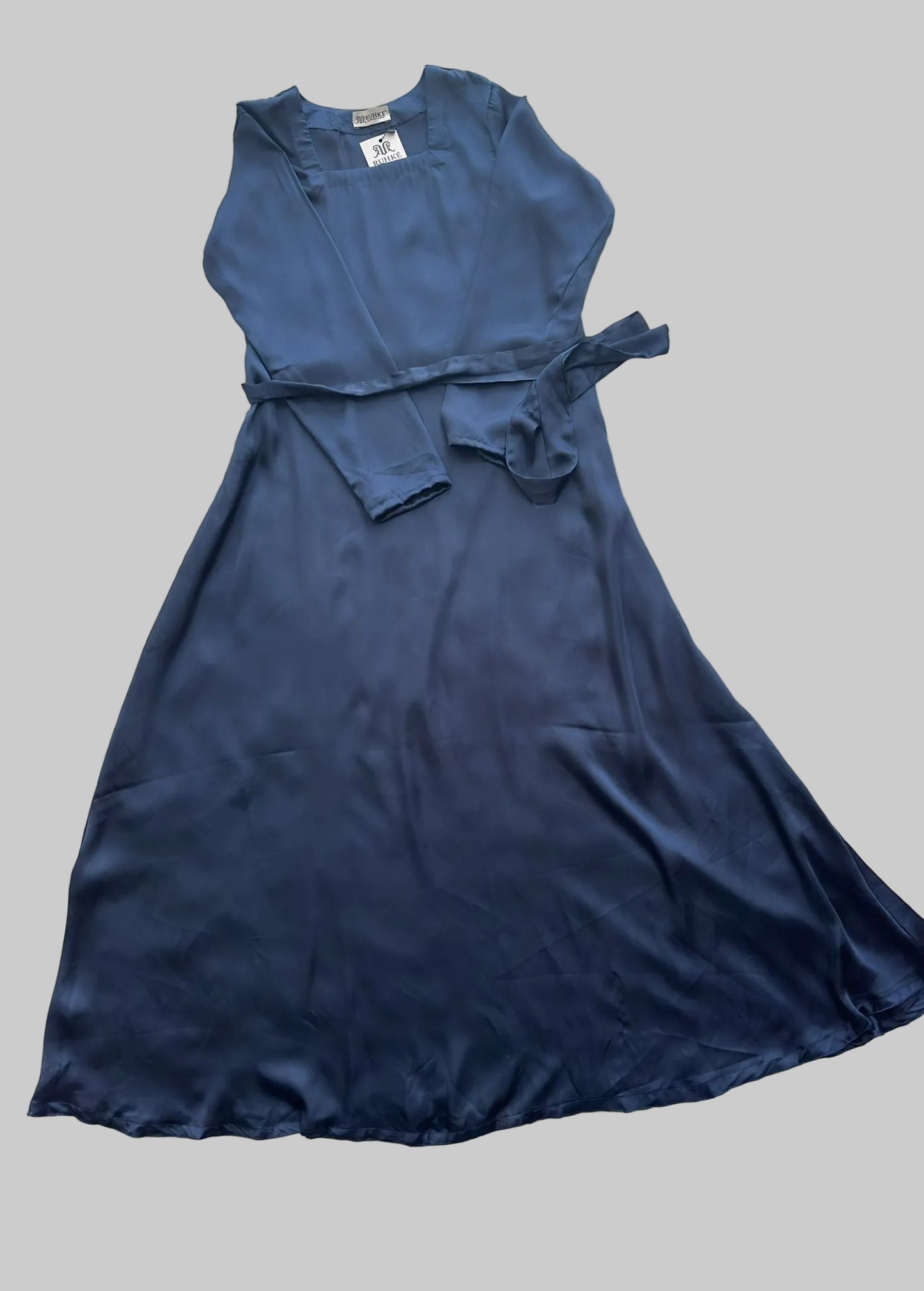 Luxury navy blue open abaya set in sheesha silk with elegant inner silk dress