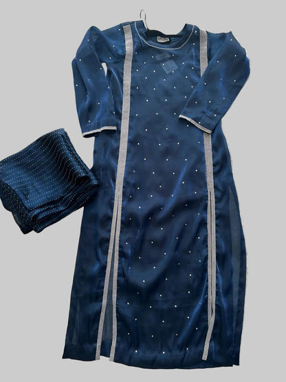 Elegant navy formal long shirt suit with stone and rehnion detailing