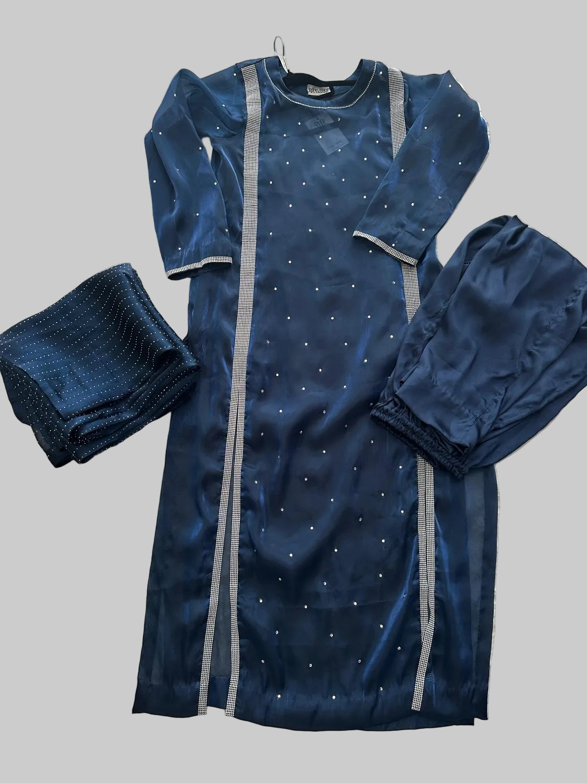 Premium sheesha silk shalwar kameez in midnight navy with hand embellishments
