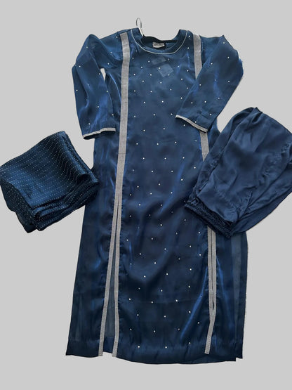 Premium sheesha silk shalwar kameez in midnight navy with hand embellishments