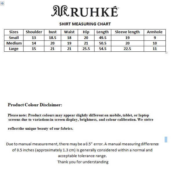 Ruhke shirt measuring chart with size dimensions on a white background