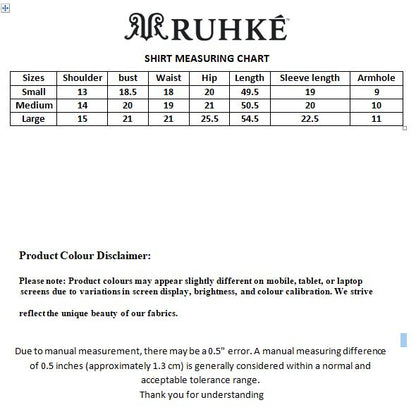 Ruhke shirt measuring chart with size dimensions on a white background