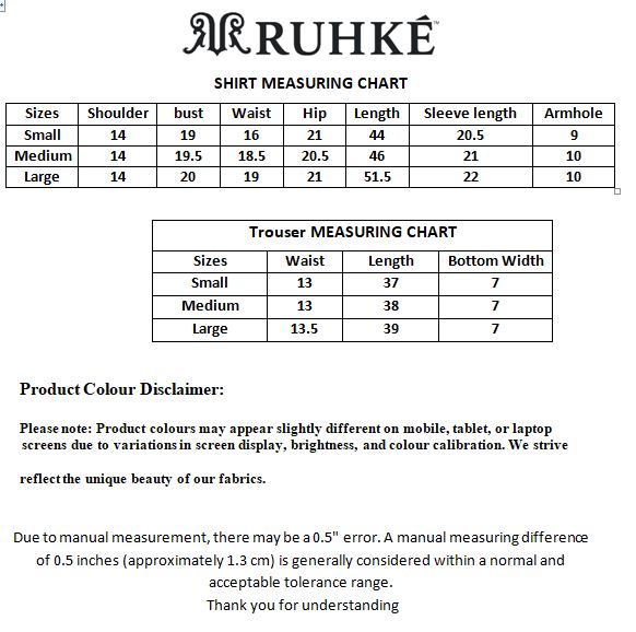 Ruhke shirt and trouser measuring chart on a white background