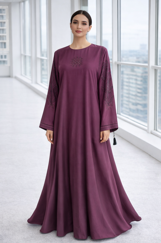 Luxury plum premium Nida abaya with delicate stone and thread embroidery on sleeves and chest, elegant modest wear by RUHKÉ