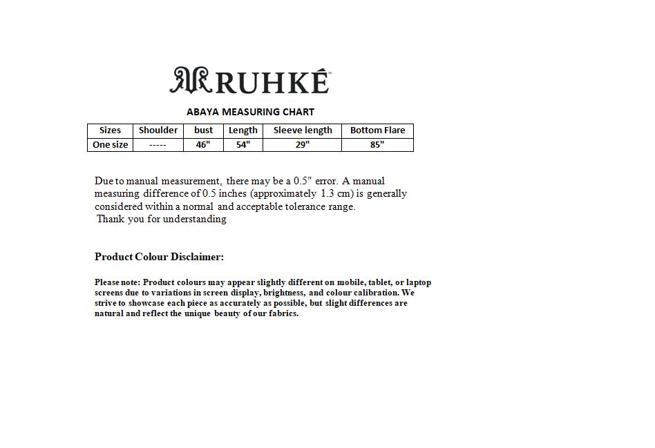 Ruhke abaya measuring chart on a white background
