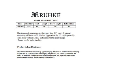 Ruhke abaya measuring chart on a white background