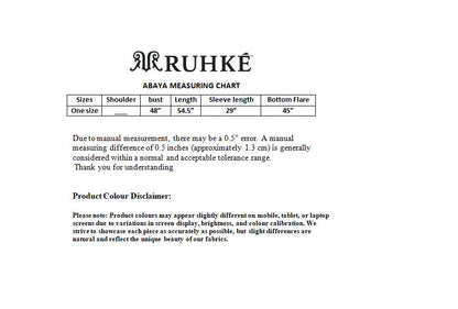Ruhke abaya measuring chart with text on a white background