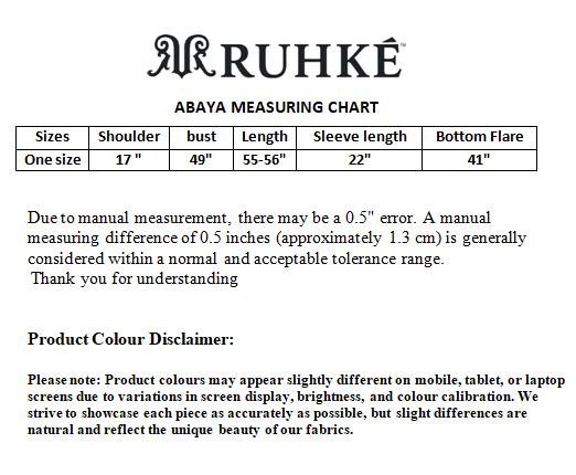 Ruhke abaya measuring chart with size specifications and product color disclaimer.