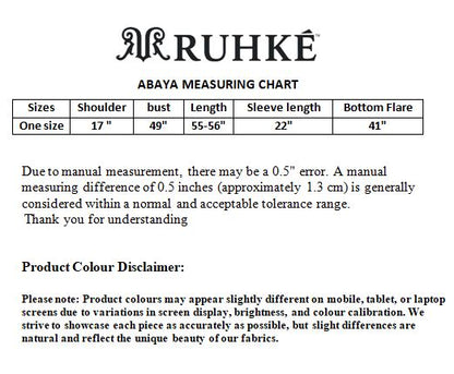Ruhke abaya measuring chart with size specifications and product color disclaimer.