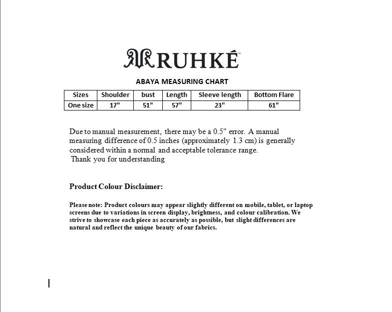 Ruhke abaya measuring chart on a white background