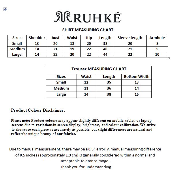 Ruhke shirt and trouser measuring chart on a white background