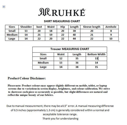 Ruhke shirt and trouser measuring chart on a white background