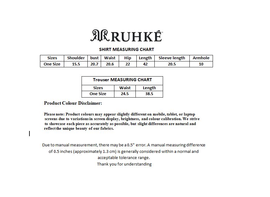 Measurement chart for shirts and trousers by Ruhke on a white background