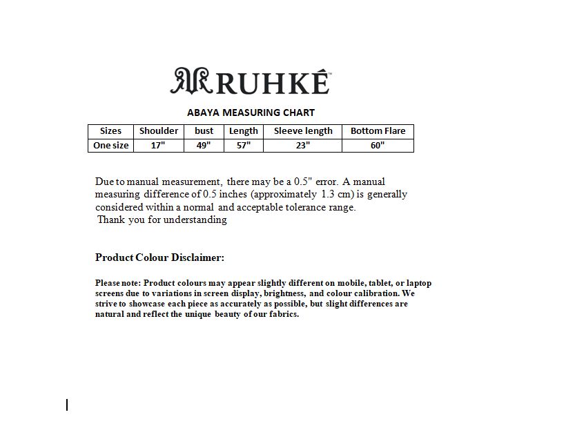 Ruhké abaya measuring chart on a white background