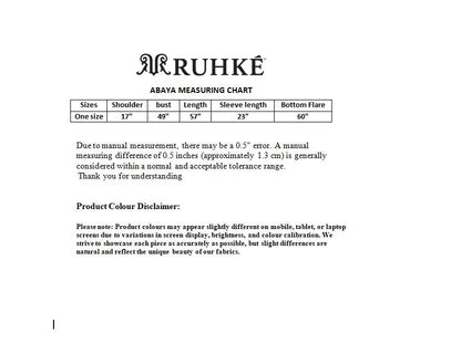 Ruhké abaya measuring chart on a white background