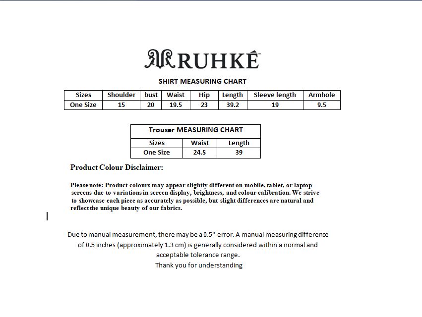 Ruhké shirt and trouser measuring chart on a white background