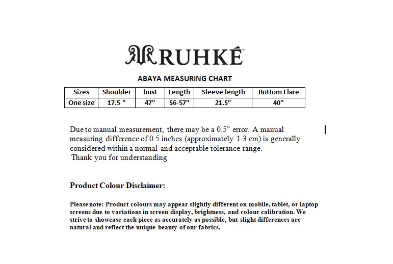 Ruhké abaya measuring chart on a white background