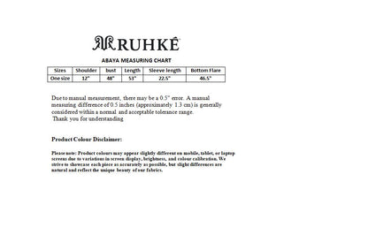 Ruhke Abaya measuring chart with size chart and color disclaimer on a white background