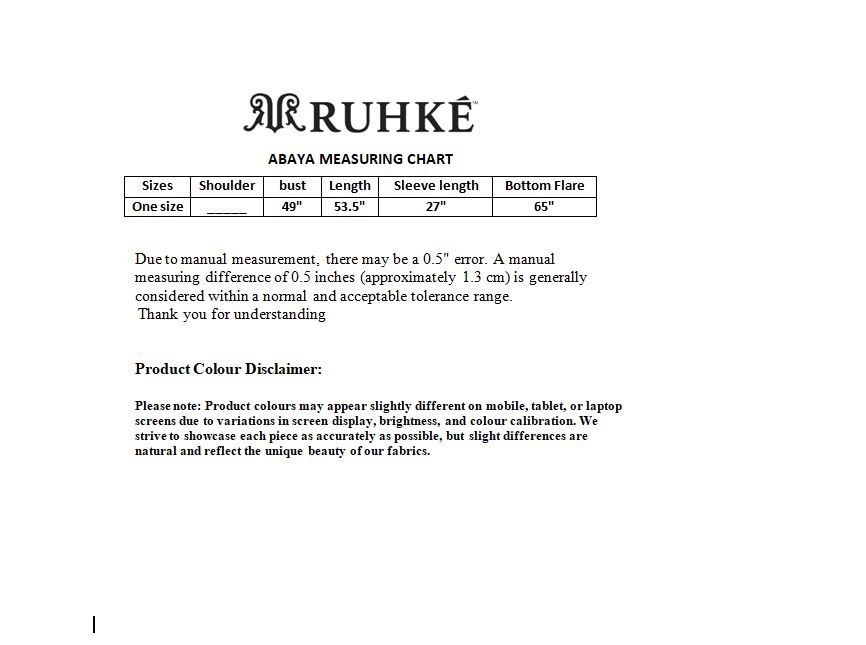 Ruhke abaya measuring chart on a white background