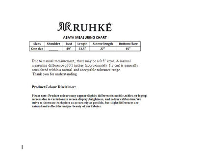 Ruhke abaya measuring chart on a white background