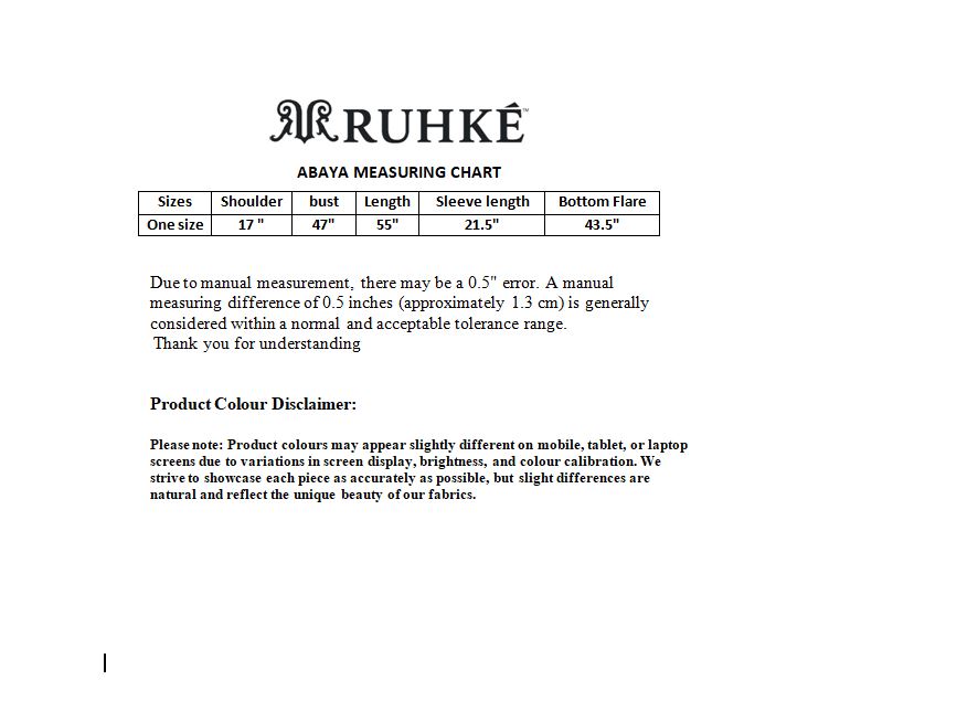Luxury Burgundy Open Abaya with Attached Inner Silk-Crepe Blend & Hand-Placed Stone Belt | RUHKÉ Australia size chart