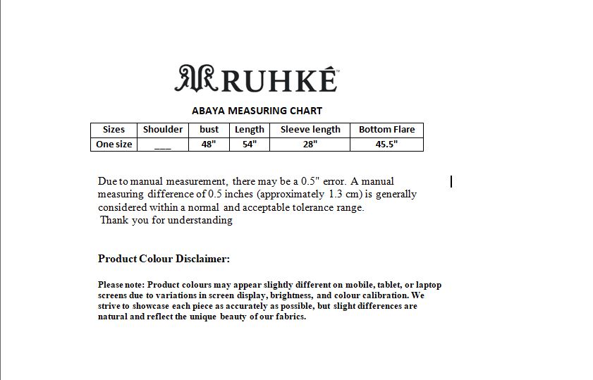 Ruhke abaya measuring chart with text on a white background