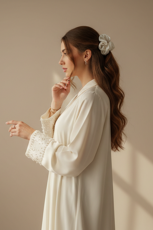 Luxury satin scrunchies in white, blush pink and beige